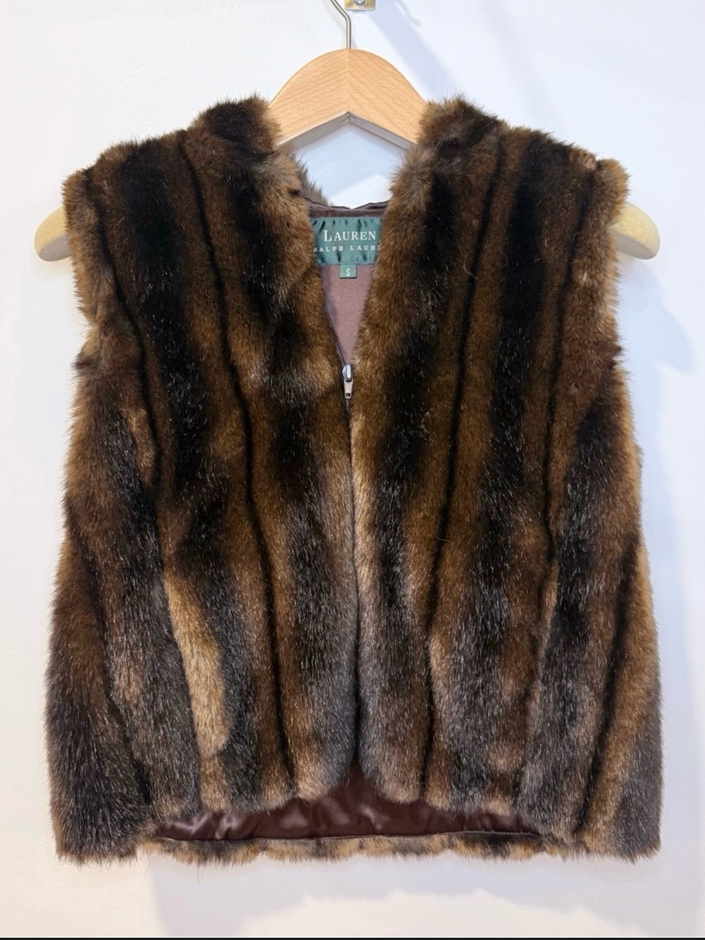Lauren Ralph Lauren Faux Fur Hooded Vest Brown Black Zip Front Women's Size Smal